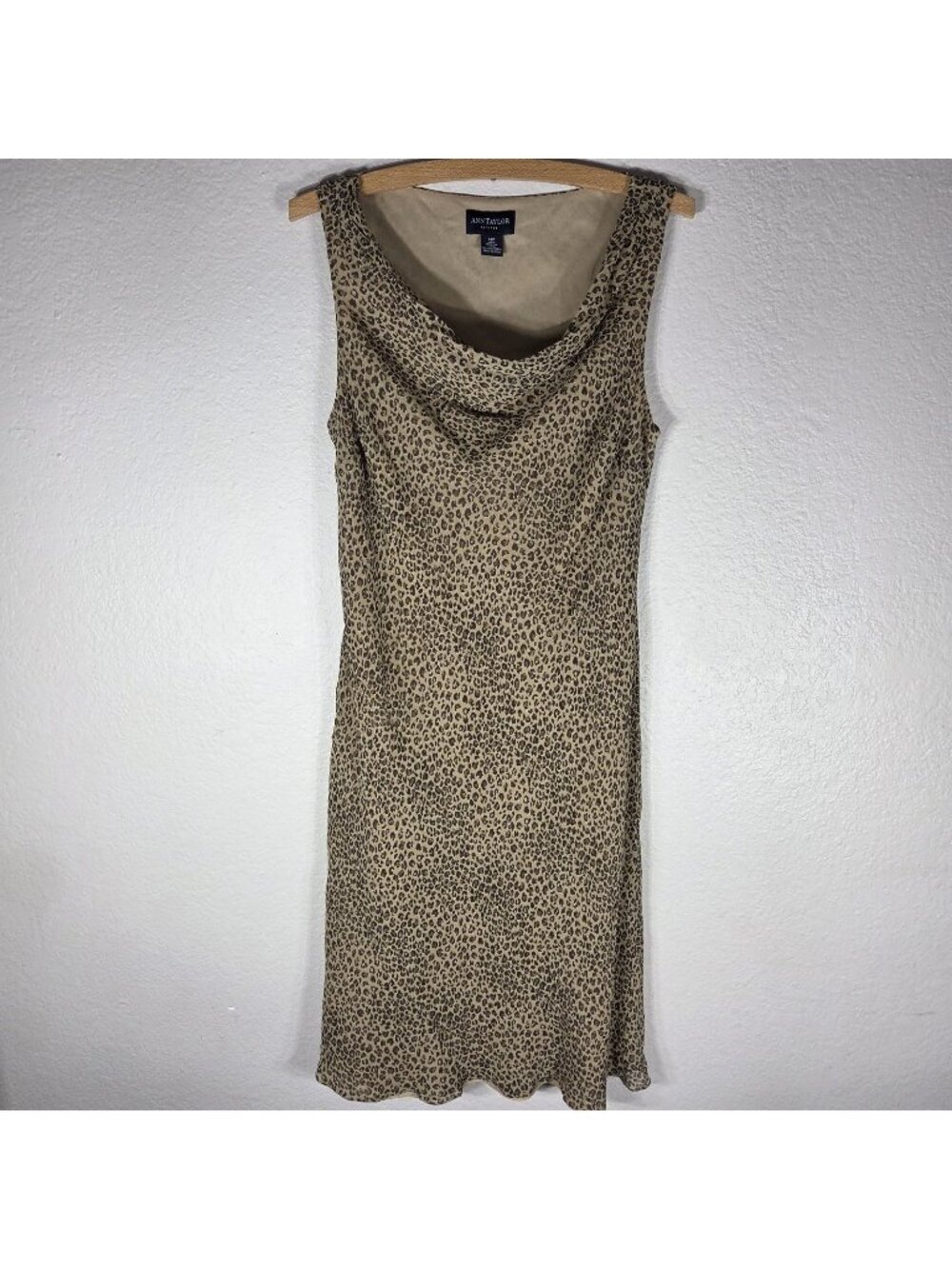 VTG Ann Taylor Silk Midi Dress Sleeveless Leopard Print Tan Petite Size 14P Y2K